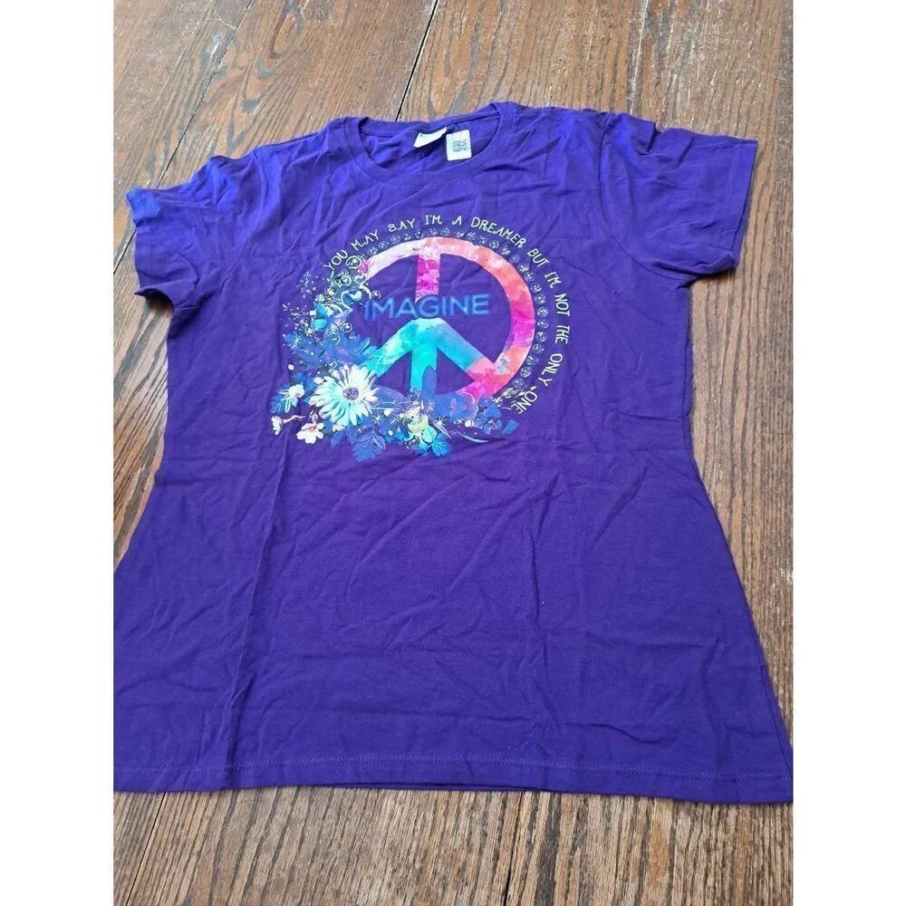 New Large Purple Peace Sign Imagine Short Sleeve Cotton Pullover Tshirt Shirt